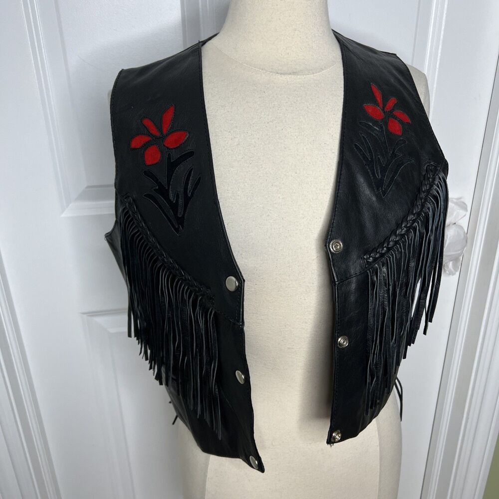Silver Bike Leather Motorcycle Vest Red Floral Fringe Jacket L Festival Read - Picture 10 of 16